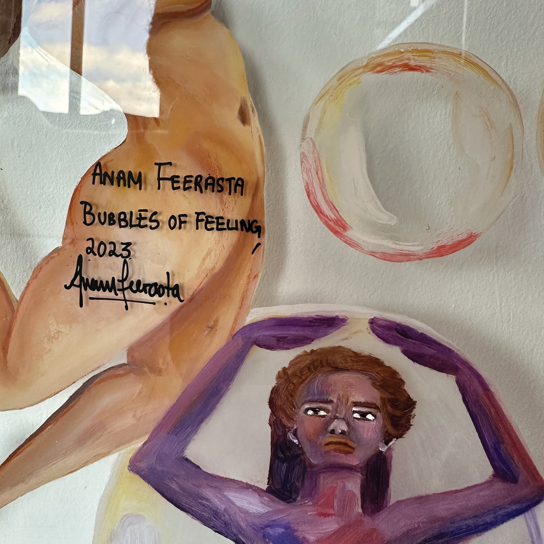 Anam Feerasta "Bubbles of Feeling" figurative painting Canadian Artist signature