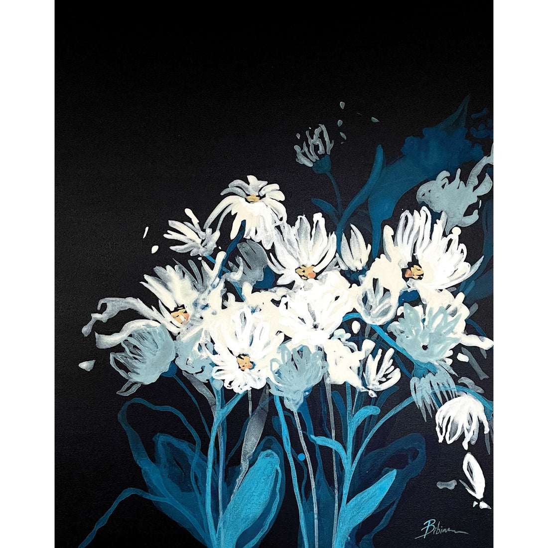 Bibiana "Daisies Wisdom"floral abstract painting Canadian artist Kefi Art Gallery