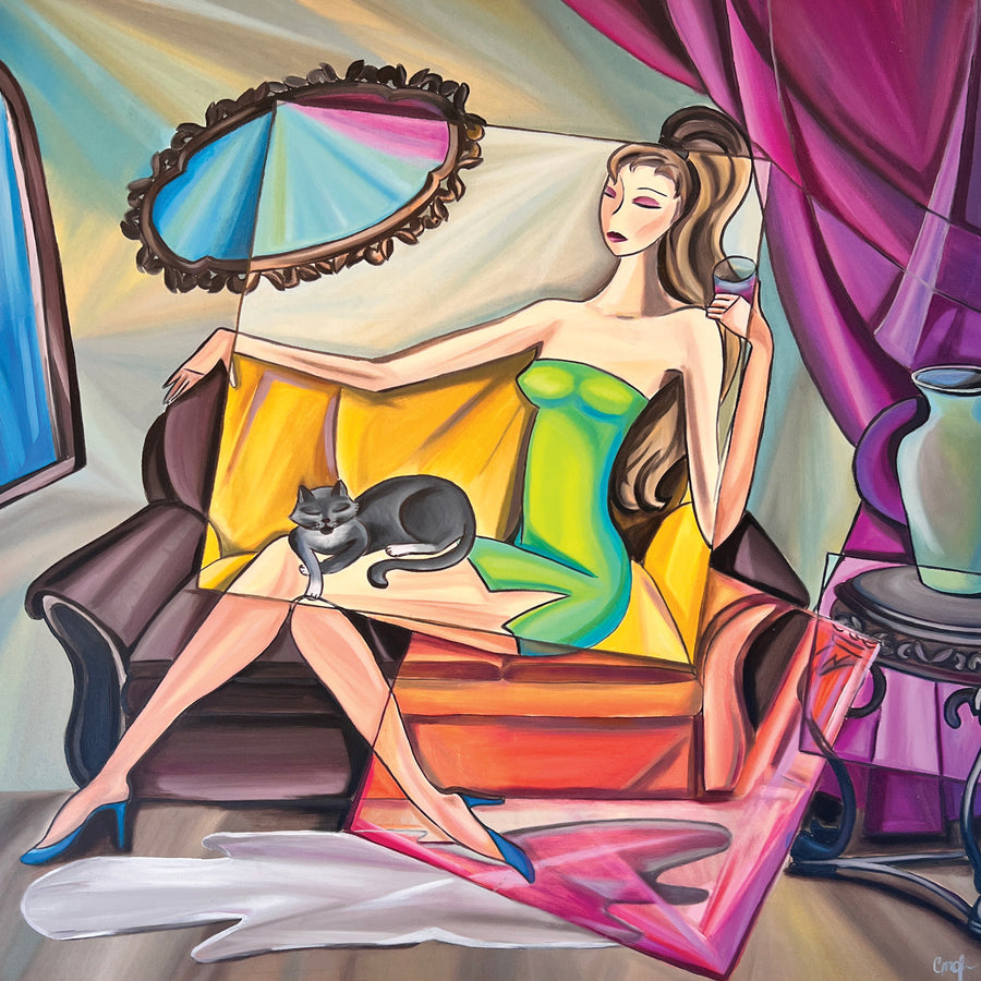 Galina Stalnaya "Woman And A Cat" figurative abstract painting Canadian Artist