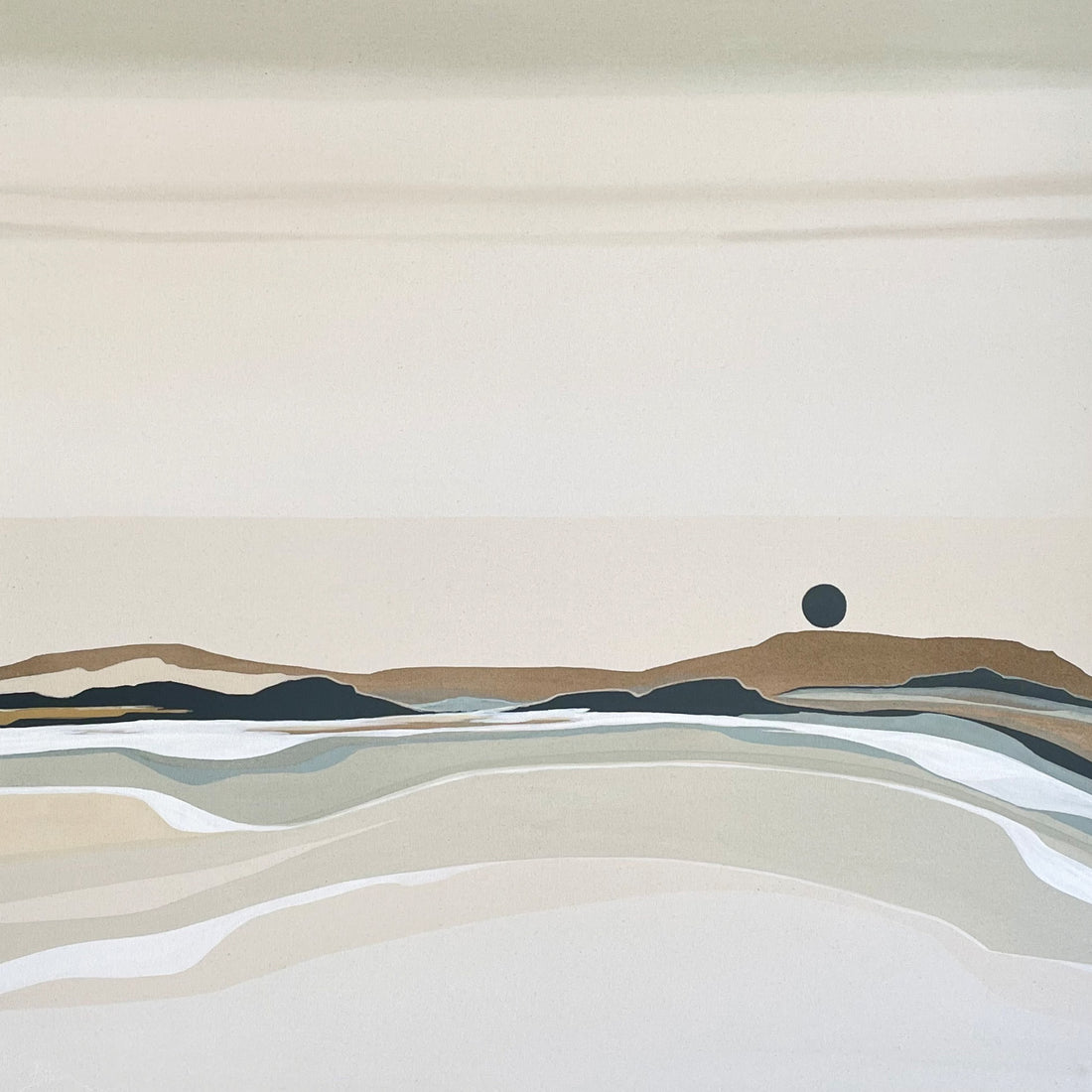 Abstract landscape with wavy lines and a circular element on a beige background