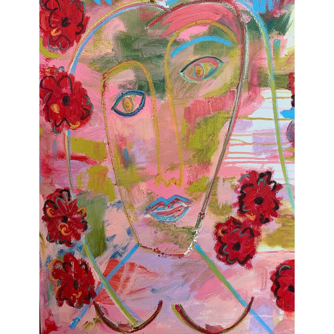 Monica Shulman "Self-Portrait with Poppies" abstract figurative painting American Artist Kefi Art Gallery