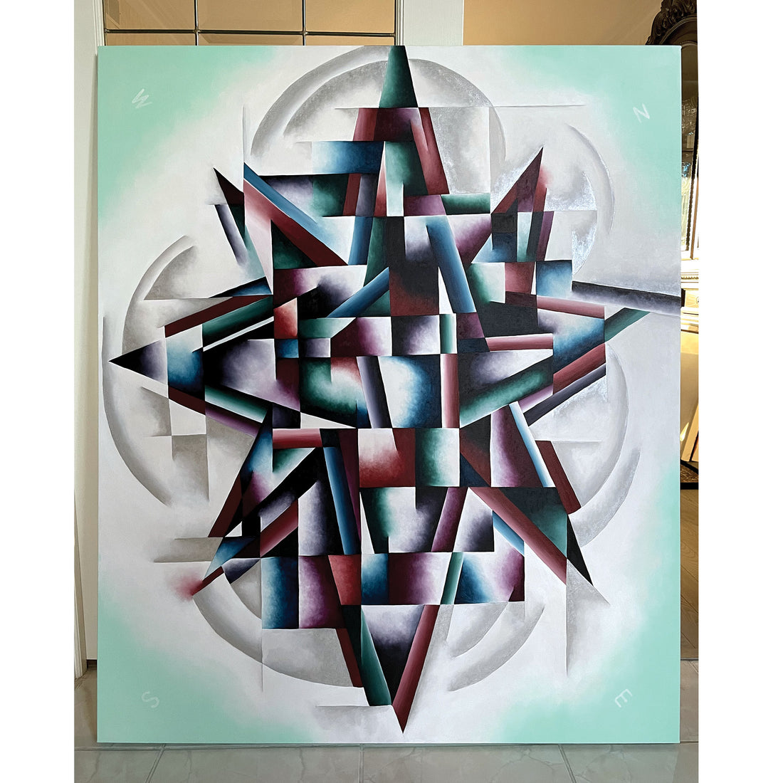 Mais Al-Sheikhly "Shattered Moral Compass" abstract cubism painting Canadian artist Kefi Art Gallery